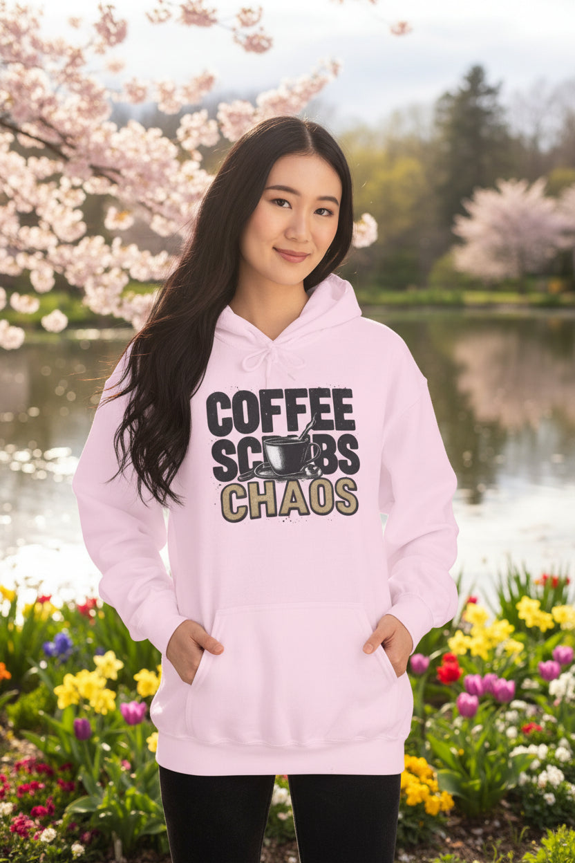 Funny Nurse Hoodie – “Coffee Scrubs Chaos” Cozy Gift for Nurses or Hospital Workers