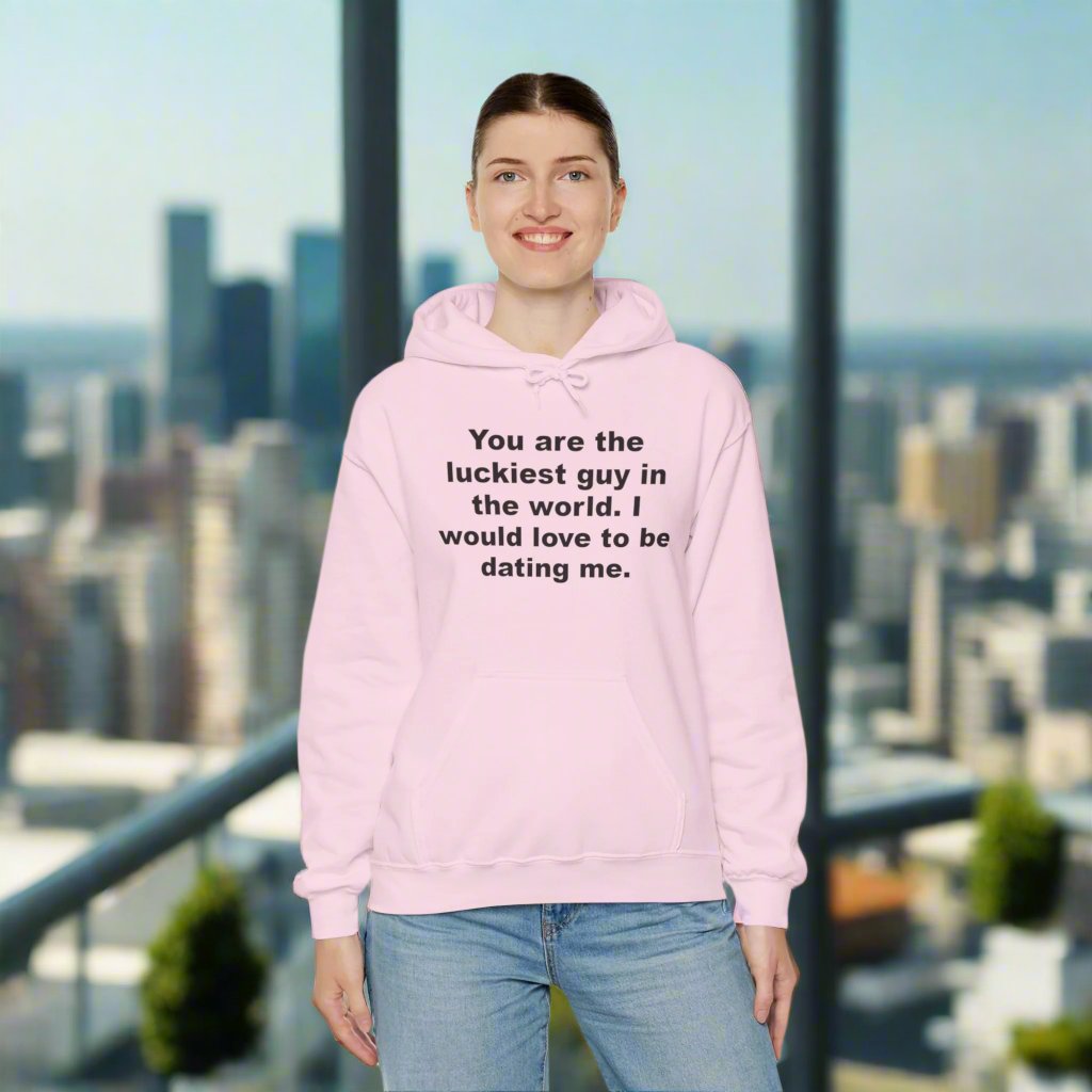 Luckiest Guy In The World hooded sweatshirt features a classic pullove