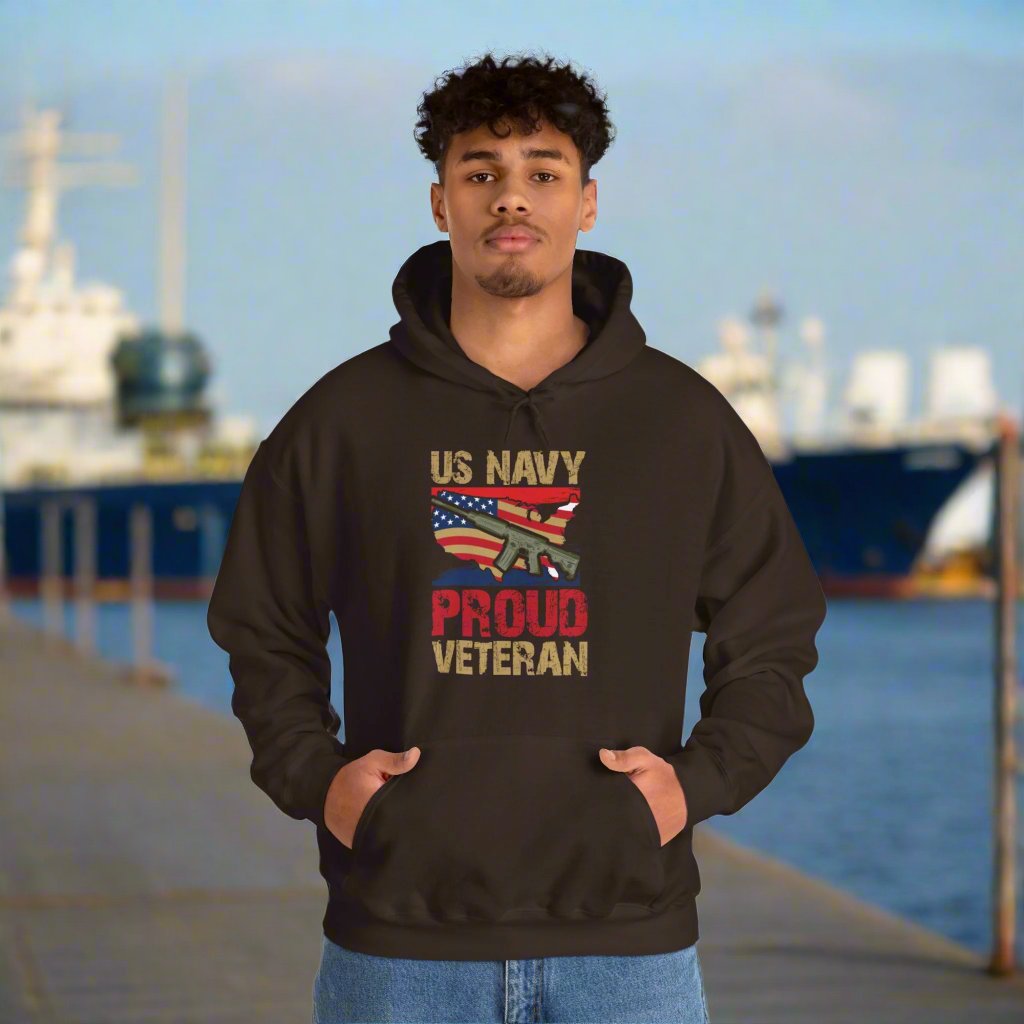 Proud U.S. Navy Veteran hooded sweatshirt features a classic pullover