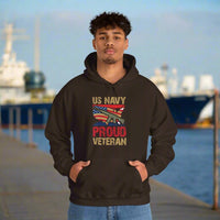 Proud U.S. Navy Veteran hooded sweatshirt features a classic pullover