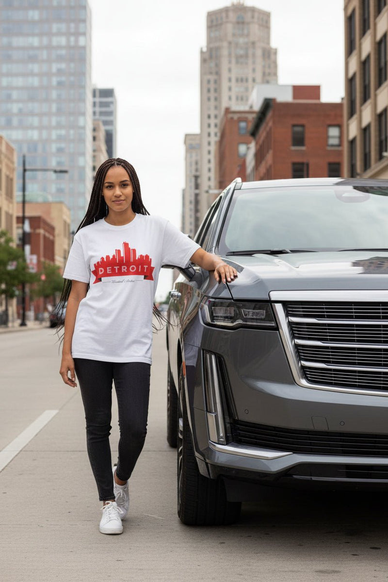 Detroit Skyline T-Shirt — Red Banner City Pride Tee - WJMAPPAREL.COM