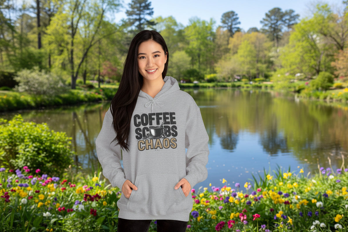 Funny Nurse Hoodie – “Coffee Scrubs Chaos” Cozy Gift for Nurses or Hospital Workers