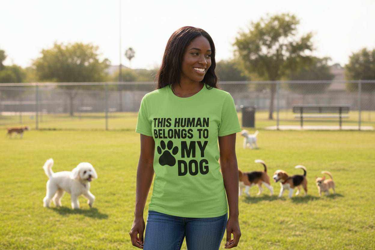 Funny Dog Owner T-Shirt – “This Human Belongs To My Dog” Gift for Dog Moms, Dog Dads & Pet Lovers - WJMAPPAREL.COM
