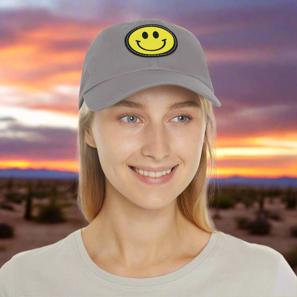 Smiley Face Hat with Leather Patch – Trendy Adjustable Dad Cap Gift - WJMAPPAREL.COM
