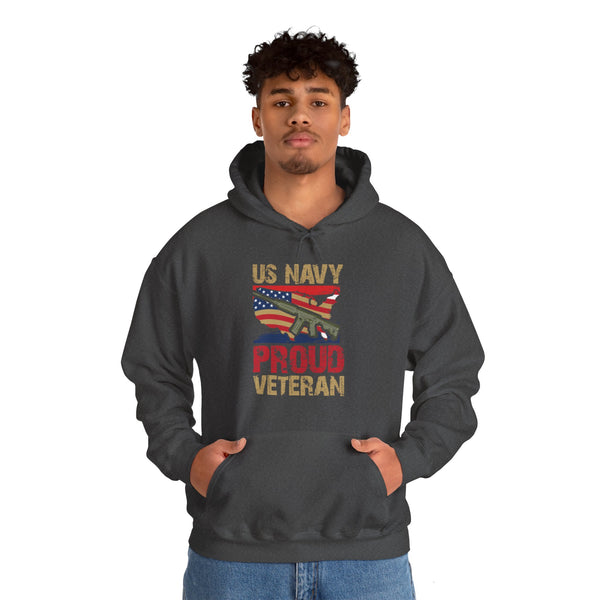 Proud U.S. Navy Veteran hooded sweatshirt features a classic pullover