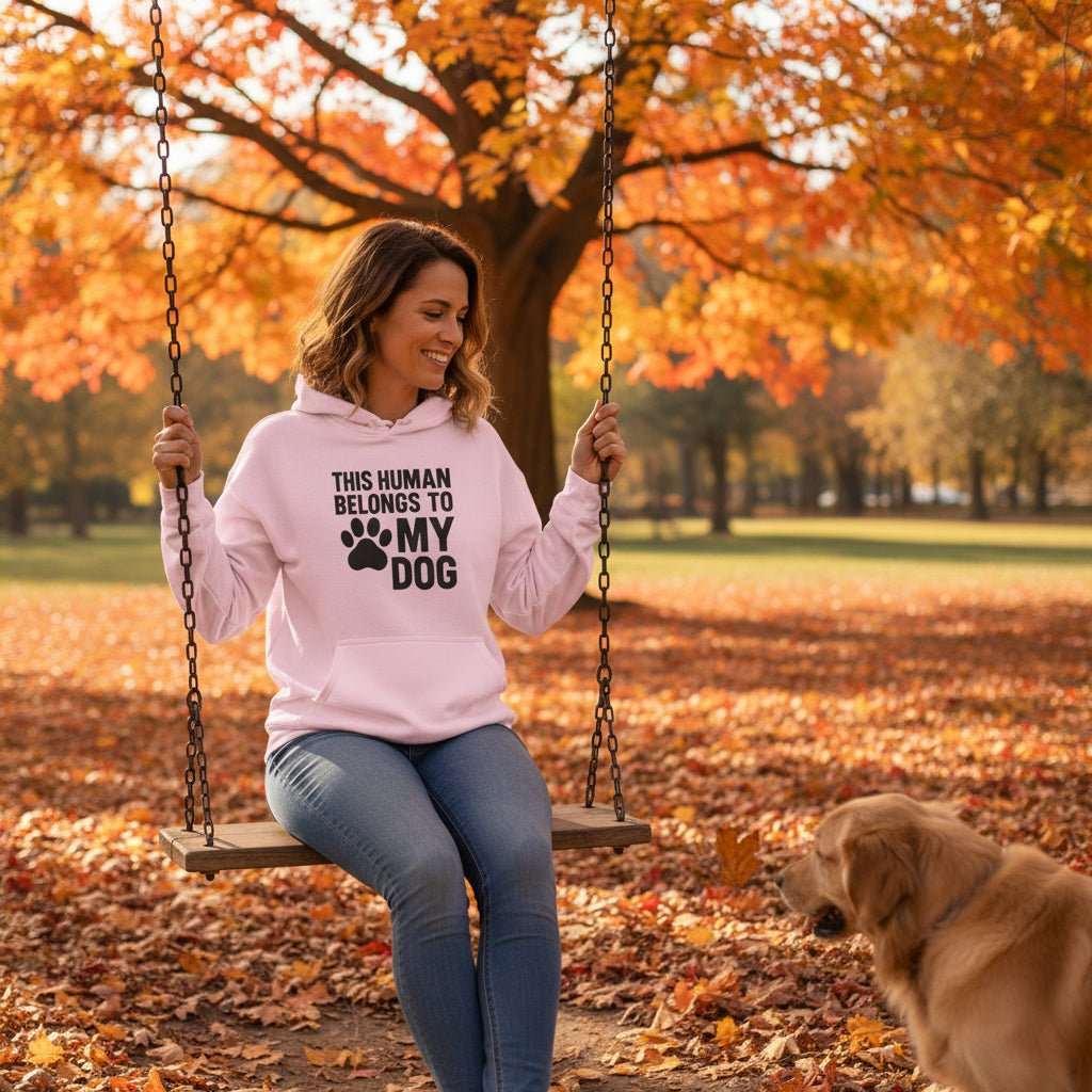 Funny Dog Hoodie – “This Human Belongs To My Dog” Cozy Sweatshirt Gift for Dog Moms & Dog Dads - WJMAPPAREL.COM
