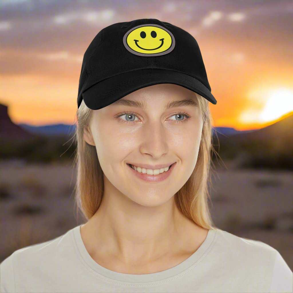 Smiley Face Hat with Leather Patch – Trendy Adjustable Dad Cap Gift - WJMAPPAREL.COM