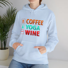 Coffee Yoga Wine hooded sweatshirt features a classic pullover design 