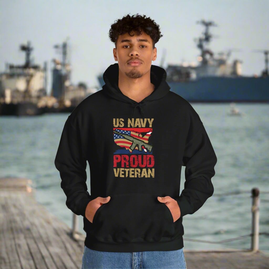 Proud U.S. Navy Veteran hooded sweatshirt features a classic pullover