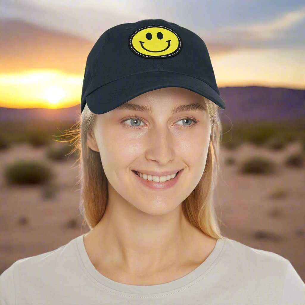Smiley Face Hat with Leather Patch – Trendy Adjustable Dad Cap Gift - WJMAPPAREL.COM