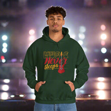 Music Never Sleeps hooded sweatshirt features a classic pullover desig