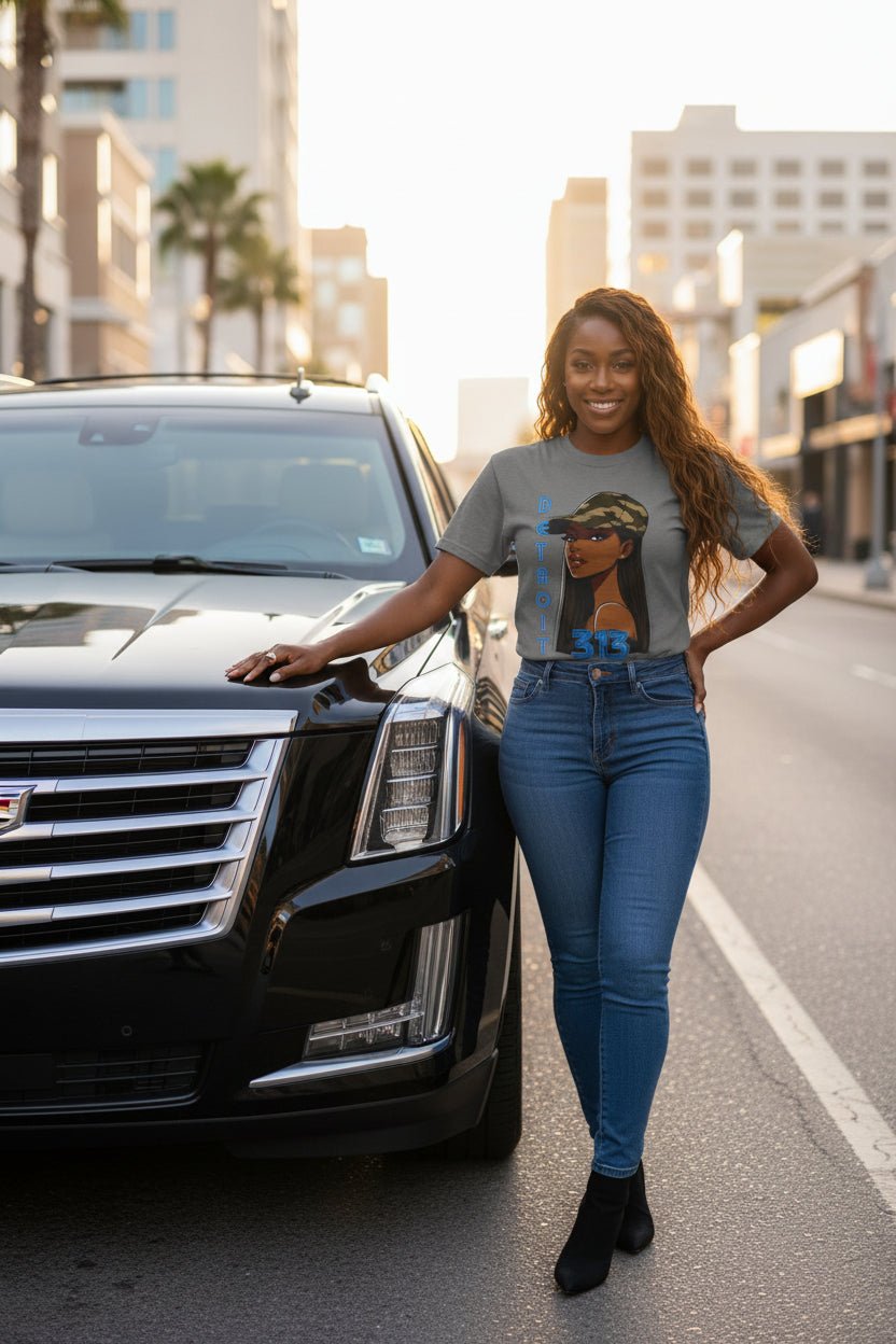 Detroit 313 Tee — Girl in Camo Cap Graphic T-Shirt - WJMAPPAREL.COM