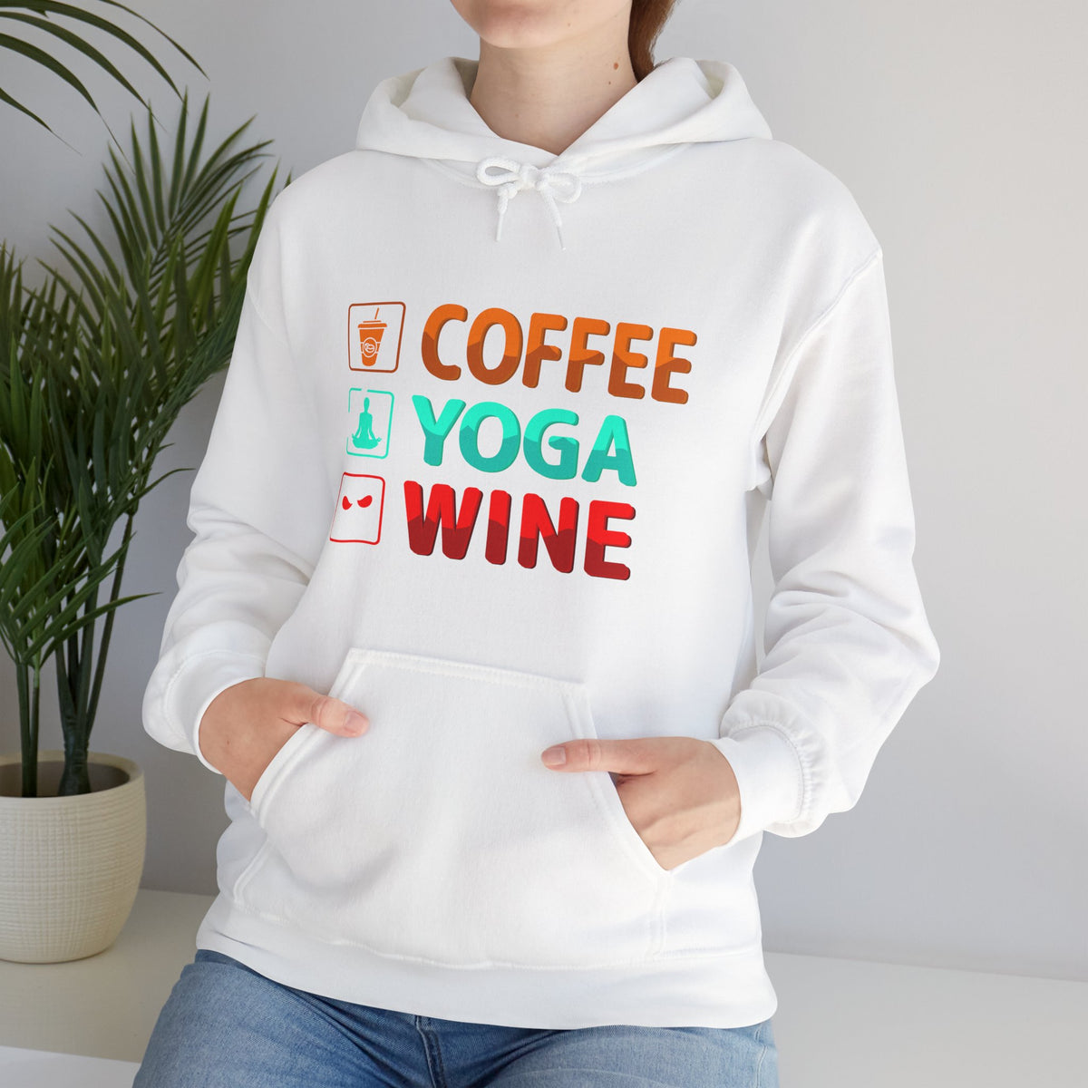 Coffee Yoga Wine hooded sweatshirt features a classic pullover design 