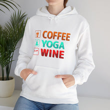 Coffee Yoga Wine hooded sweatshirt features a classic pullover design 