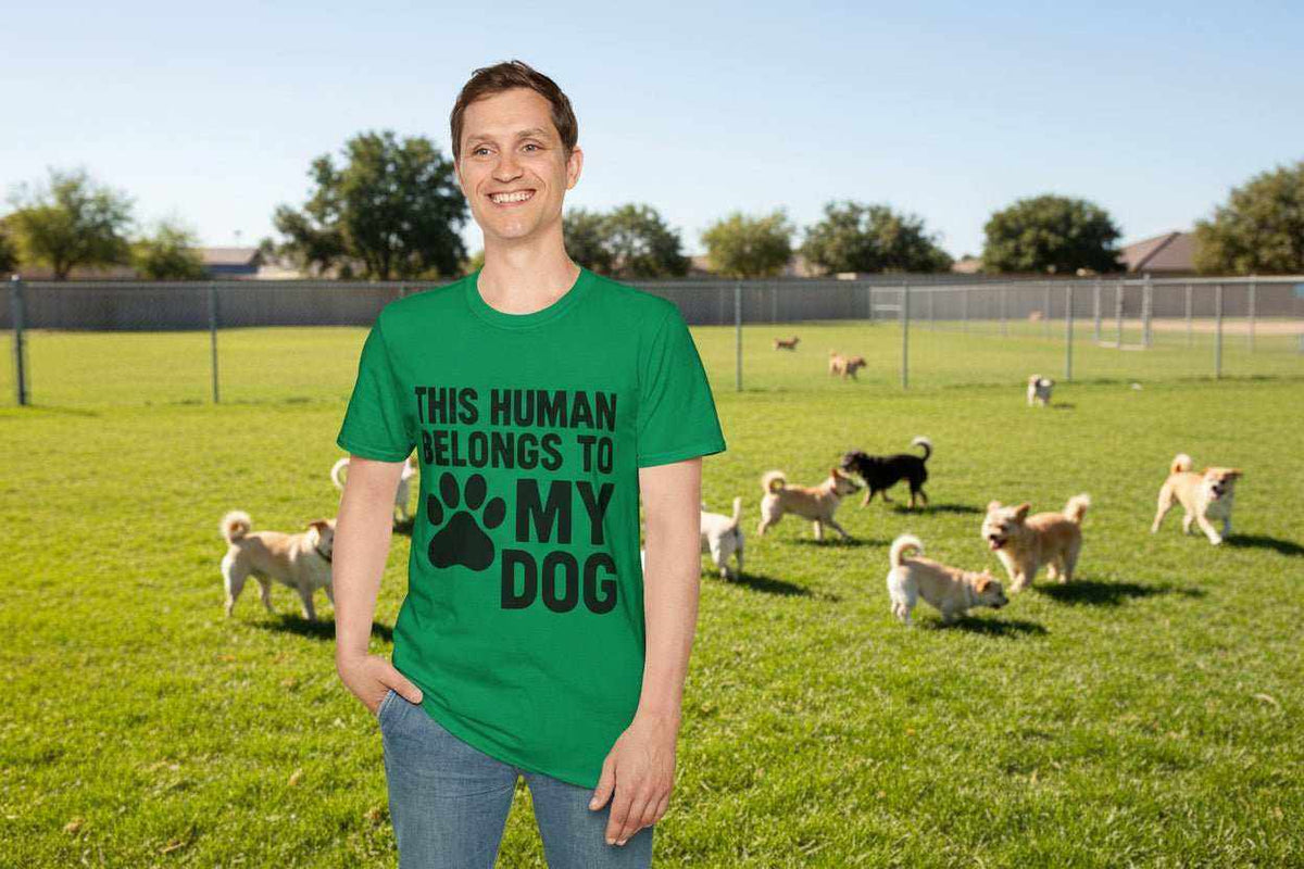 Funny Dog Owner T-Shirt – “This Human Belongs To My Dog” Gift for Dog Moms, Dog Dads & Pet Lovers - WJMAPPAREL.COM