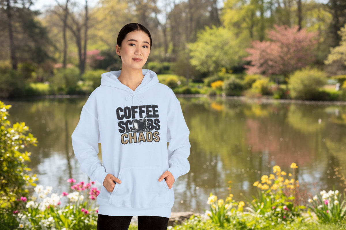 Funny Nurse Hoodie – “Coffee Scrubs Chaos” Cozy Gift for Nurses or Hospital Workers