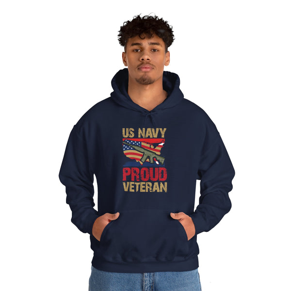 Proud U.S. Navy Veteran hooded sweatshirt features a classic pullover