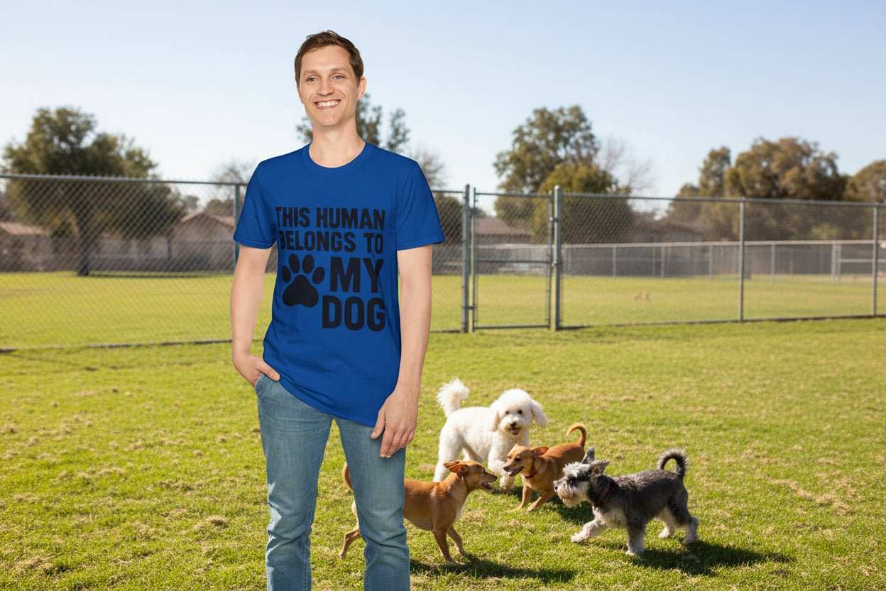 Funny Dog Owner T-Shirt – “This Human Belongs To My Dog” Gift for Dog Moms, Dog Dads & Pet Lovers - WJMAPPAREL.COM