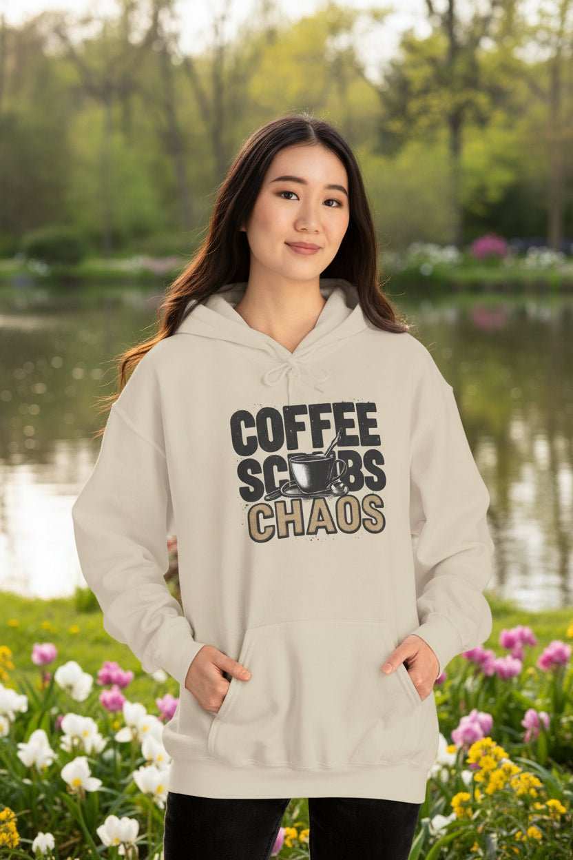 Funny Nurse Hoodie – “Coffee Scrubs Chaos” Cozy Gift for Nurses or Hospital Workers - WJMAPPAREL.COM