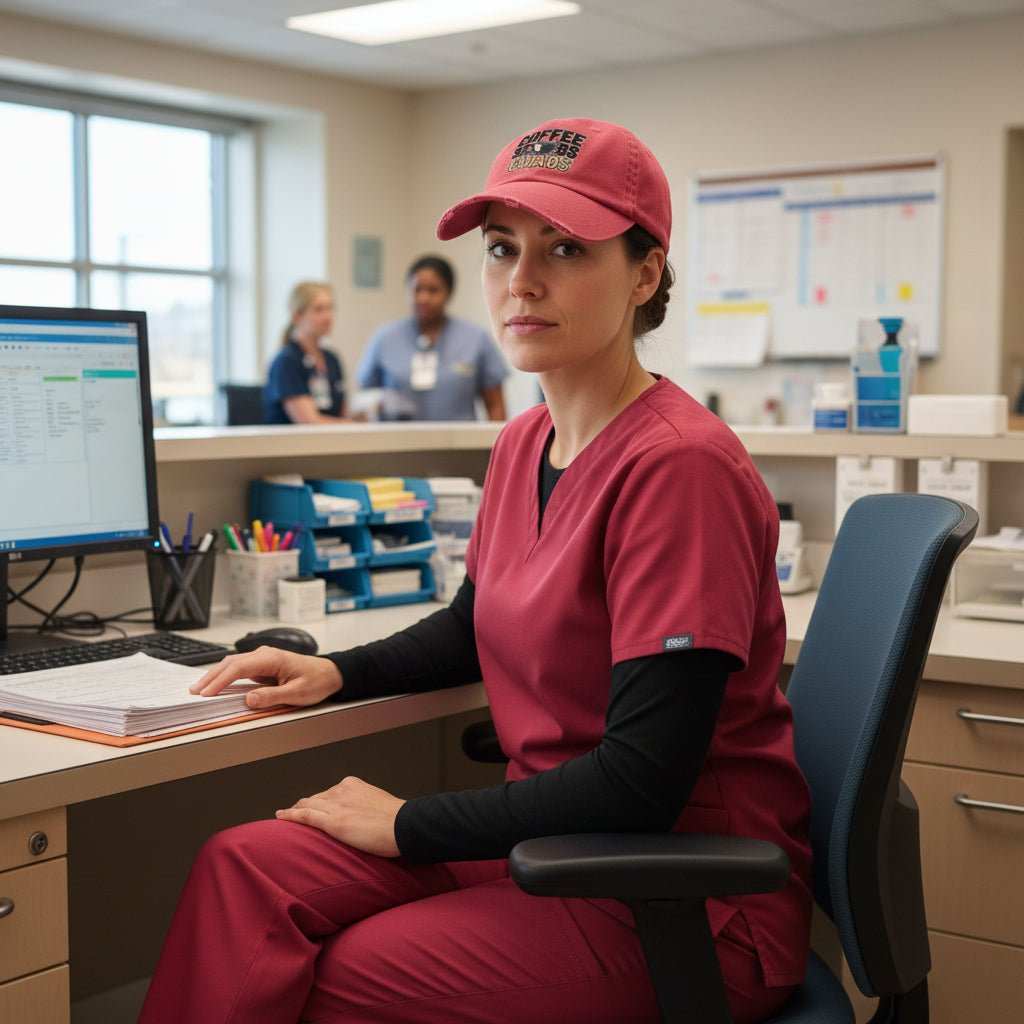 Funny Nurse Hat – “Coffee Scrubs Chaos” Distressed Cap Gift for Hospital Staff - WJMAPPAREL.COM