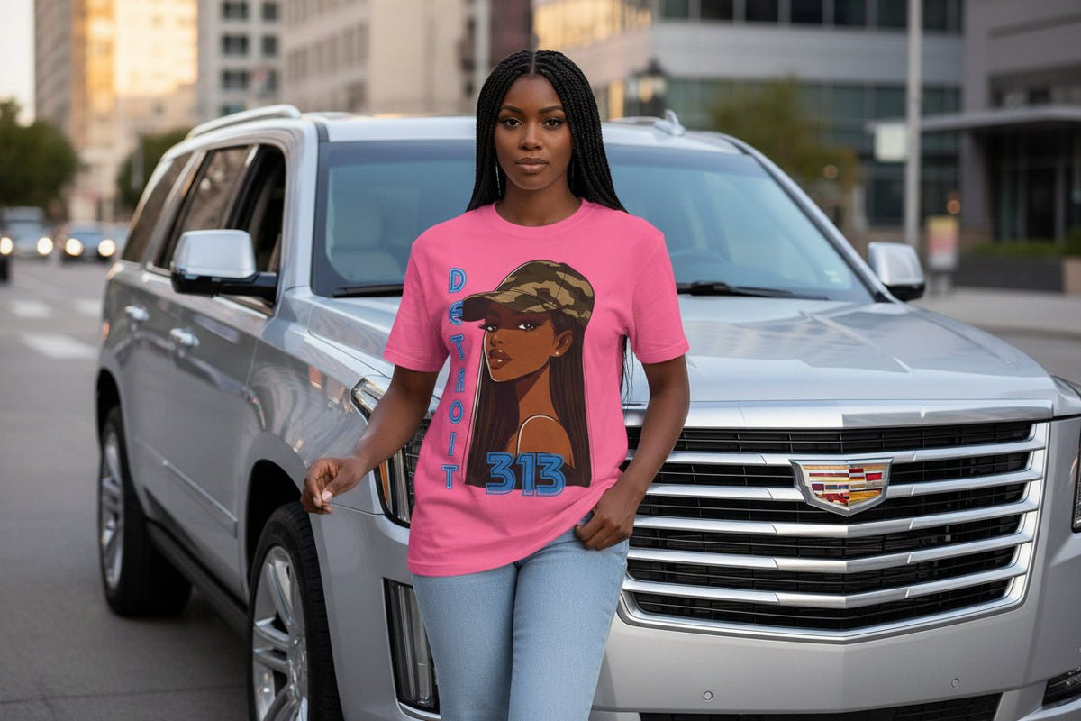 Detroit 313 Tee — Girl in Camo Cap Graphic T-Shirt - WJMAPPAREL.COM