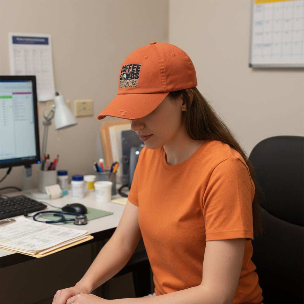 Funny Nurse Hat – “Coffee Scrubs Chaos” Distressed Cap Gift for Hospital Staff - WJMAPPAREL.COM