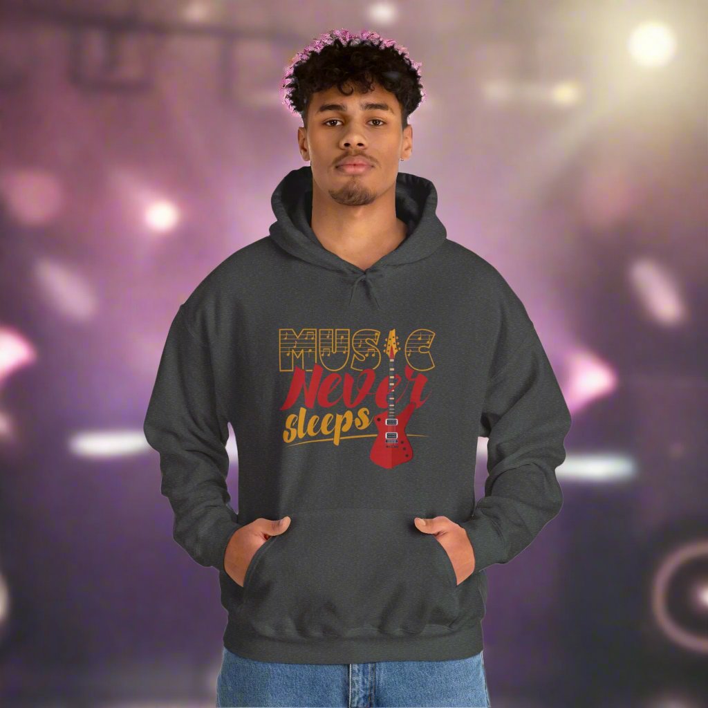 Music Never Sleeps hooded sweatshirt features a classic pullover desig