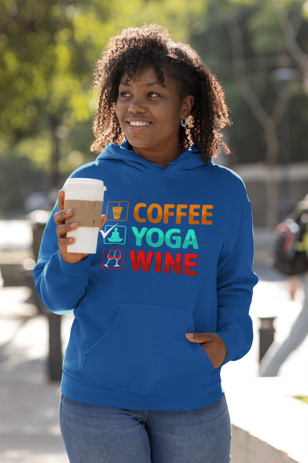 Coffee Yoga Wine hooded sweatshirt features a classic pullover design 