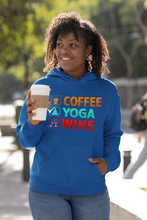 Coffee Yoga Wine hooded sweatshirt features a classic pullover design 