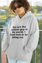 Luckiest Guy In The World hooded sweatshirt features a classic pullove